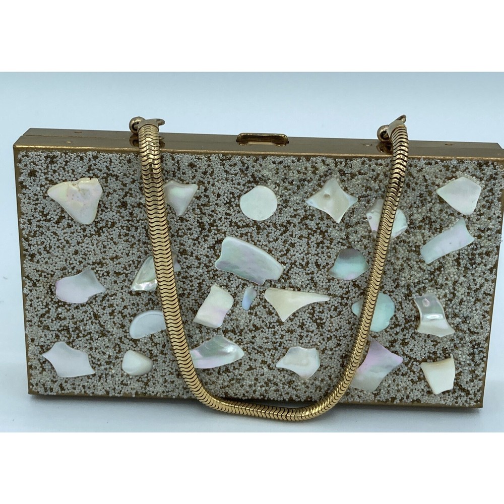 Vintage Mid-Century Gold Tone Compact Cigarette Lipstick Purse Chain Mirror